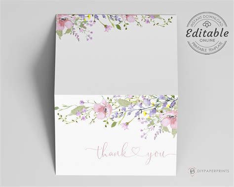 Thank You Card Template Floral Editable Digital File Instant Download