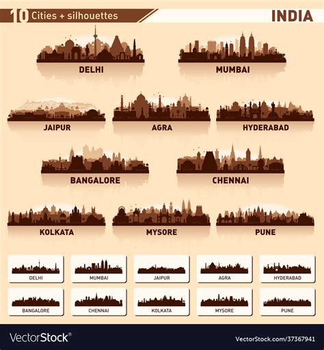 City skyline set 10 silhouettes india Royalty Free Vector