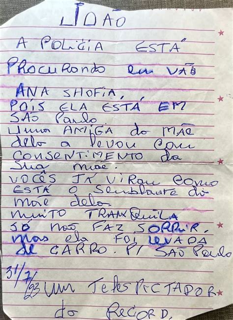 Carta anônima aponta possível paradeiro de Ana Sophia desaparecida há