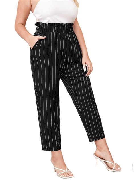 Womens Plus Size Casual Trousers Sripe Paper Bag Waist Wide Leg Pants