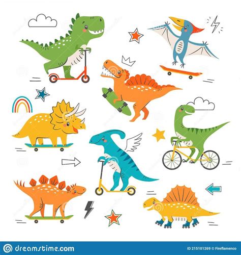 Ilustración De Dinosaurios Montando Monopatín Scooter Y Bicicleta Ilustración Del Vector