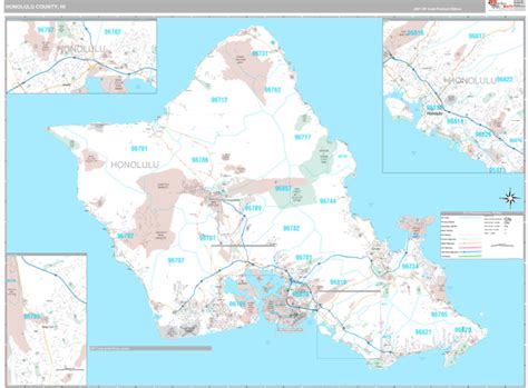 Honolulu County, HI Zip Code Wall Map Premium Style by MarketMAPS