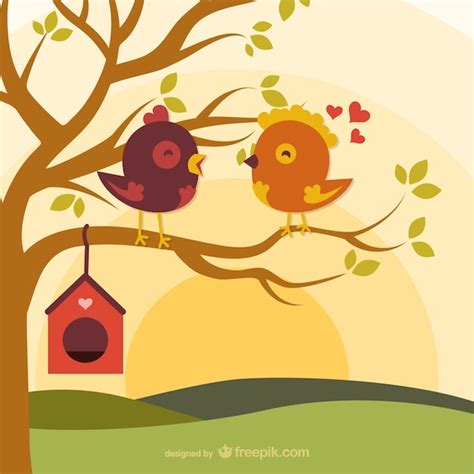 Cartoon love birds on branch Vector | Free Download