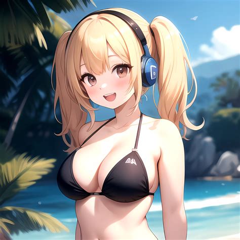 Super Pochaco Girl Arms Behind Back Bare Shoulders Bikini Blonde Hair