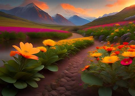 Hermoso Paisaje De Flores Con Fondo Colorido Ai Ilustraciones Hermosas