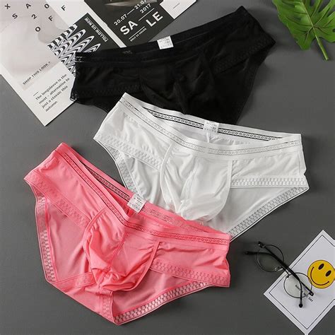 Men Summer Ice Silk Briefs Sexy U Convex Underpants Breathable