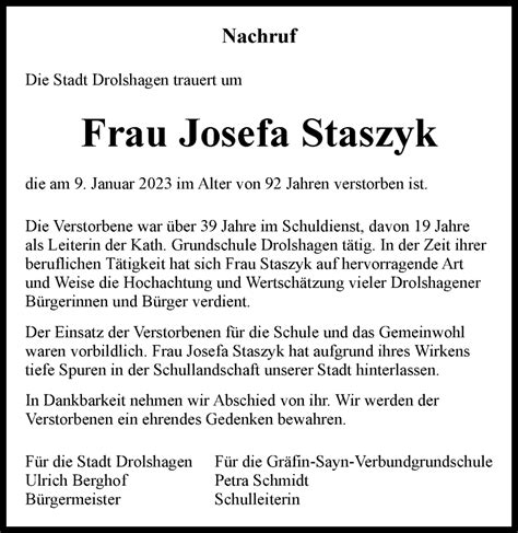 Traueranzeigen Von Josefa Staszyk Trauer In NRW De