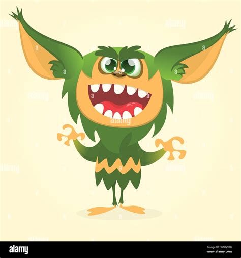 Happy cartoon gremlin monster. Halloween vector goblin or troll with ...