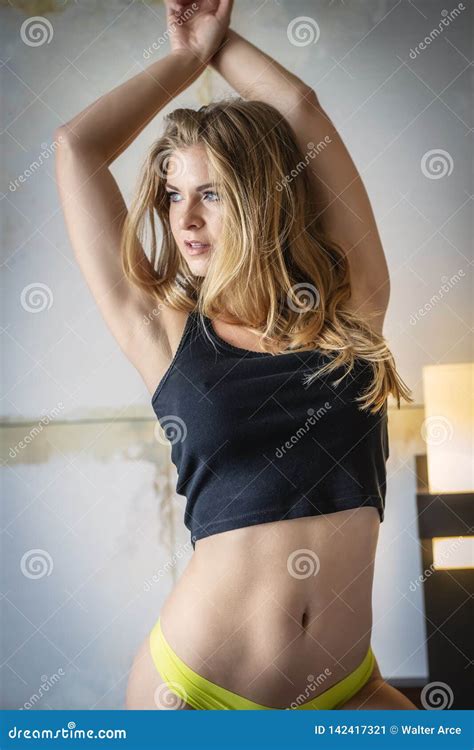 Blonde Lingerie Model In A Home Environment Stock Image Image Of