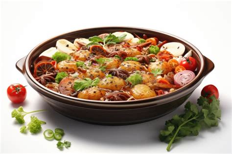 A Brown Bowl Filled With Meat And Vegetables Asian Hot Pot Stock Illustration Illustration