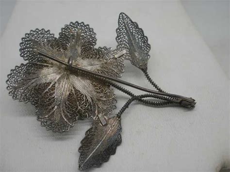 Vintage 800 Silver Filigree 3d Flower Brooch Gem