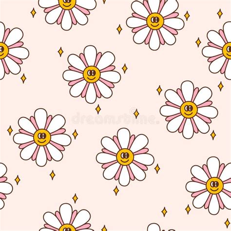 Retro Seamless Pattern With Groovy Rainbow And Happy Daisies Stock