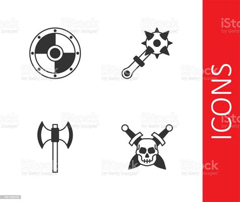 Set Skull With Sword Round Shield Medieval Poleaxe And Mace Spikes Icon Vector Stock