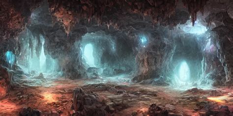 KREA Fantasy Matte Painting Of A Cave With Huge Glowing Crystals In