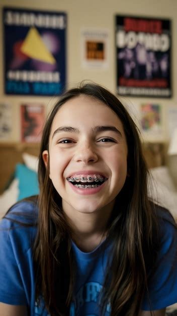 A Teenage Girl With Braces Smiles At Home Showing Her Teeth Premium