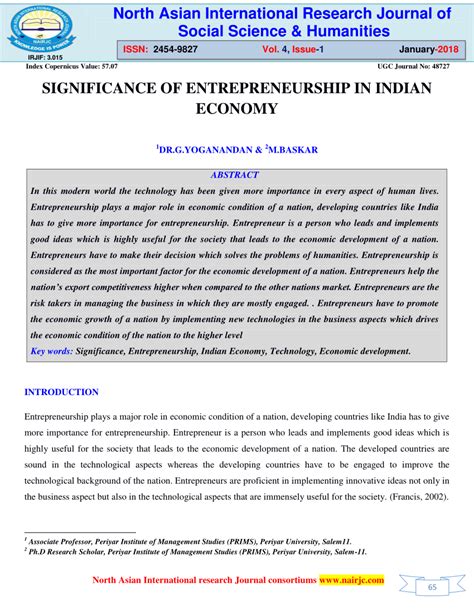 Pdf Significance Of Entrepreneurship In Indian Economy