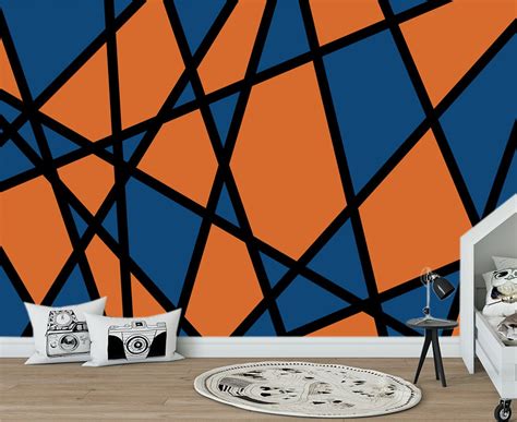 Blue Orange Geometric Figure Wallpaper Colorful Print Abstract Wall Art ...