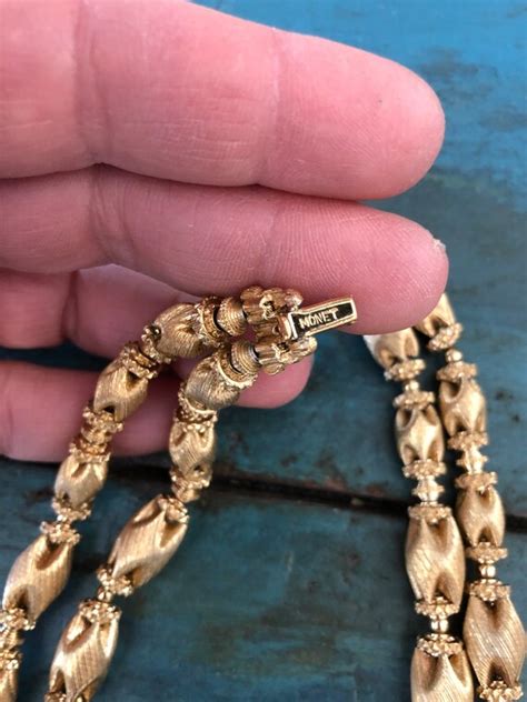 Vintage Monet Signed Double Strand Gold Tone Necklace Gem