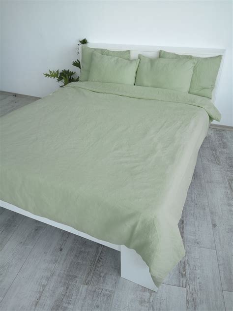 Sage Green Linen Bedding Set 1 Duvet Cover 2 Pillowcases Etsy