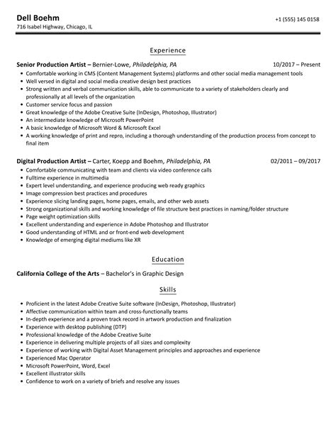 Production Artist Resume Samples | Velvet Jobs