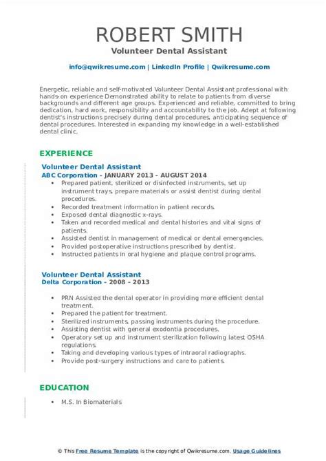 Volunteer Dental Assistant Resume Samples Qwikresume