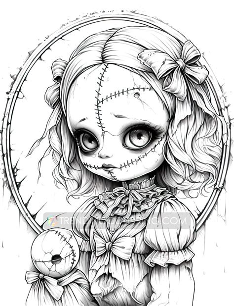 50 Kawaii Creepy Doll Grayscale Coloring Pages Halloween Coloring