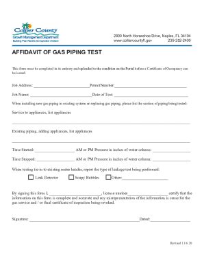 Fillable Online AFFIDAVIT OF GAS PIPING TEST Collier County FL Home