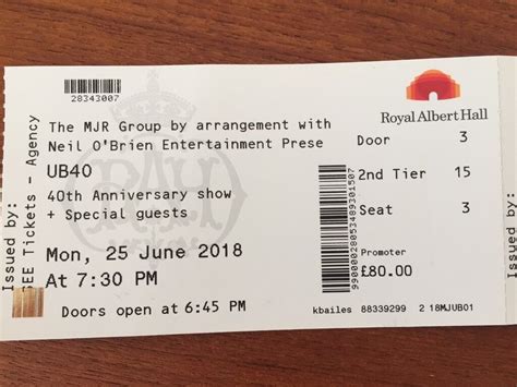 2 X UB40 tickets for 40th anniversary show at Royal Albert Hall on 25/6 ...