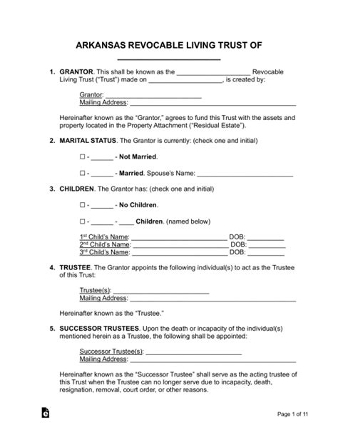 Free Arkansas Living Trust Form Revocable Pdf Word Eforms