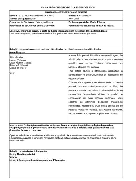 Ficha de Pré-Conselho de Classe Padrimhos | PDF | Aprendizado | Pedagogia