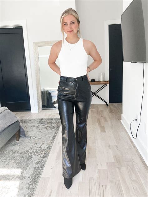 Black leather pants with white bodysuit and pointed toe booties Black ...