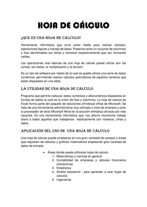 Hoja De Calculo Hoja De Clculo Que Es Una Hoja De Clculo