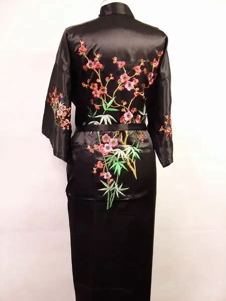 Fashion Black Chinese Womens Silk Satin Robe Embroidery Kimono Bath