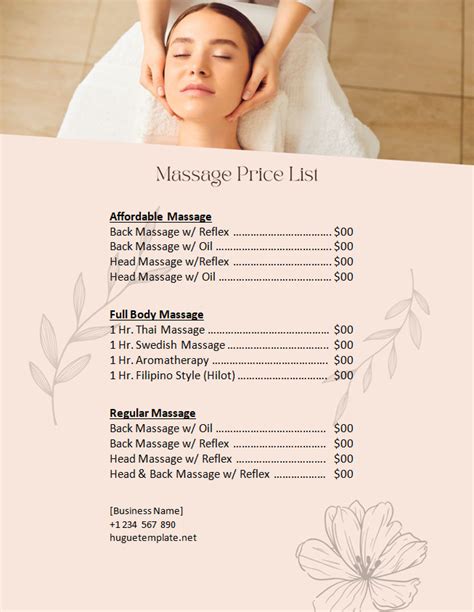 Printable Massage Price List Template Word