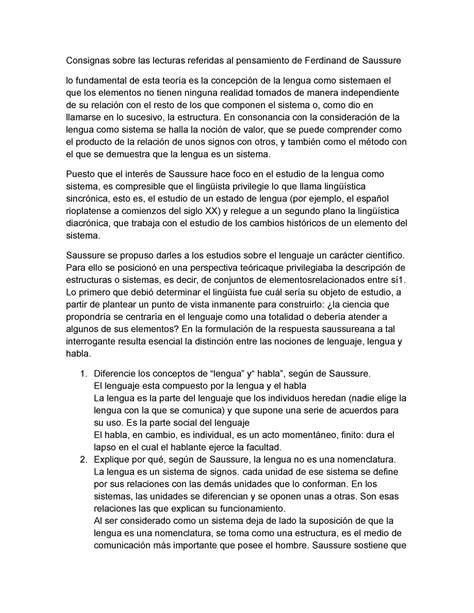 Saussure Semiologia Consignas Sobre Las Lecturas Referidas Al