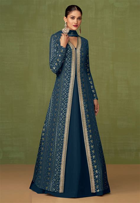 Teal Georgette Center Slit Anarkali Suit 252285