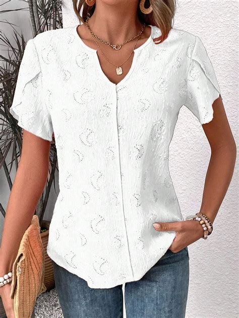 Notched Petal Sleeve Short Sleeve Plain Pullover Buttoned Regular Micro