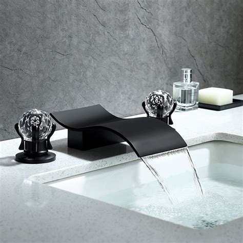 Deck Mount Widespread Waterfall 2 Crystal Handle Bathroom Sink Faucet