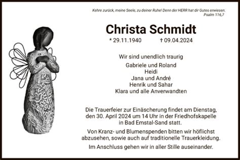 Traueranzeigen Von Christa Schmidt Trauer Hna De