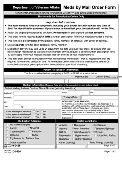 Fillable Va Form Meds By Mail Order Form Department Of