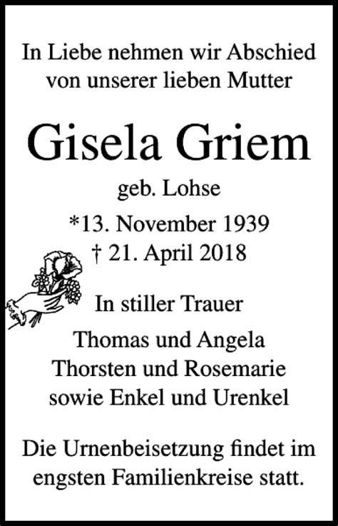 Traueranzeigen Von Gisela Griem Trauer Anzeigen De