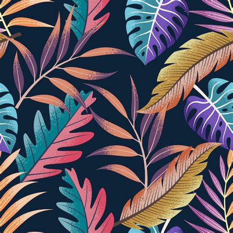 Premium Vector Tropical Leaves Seamless Pattern On Dark Background