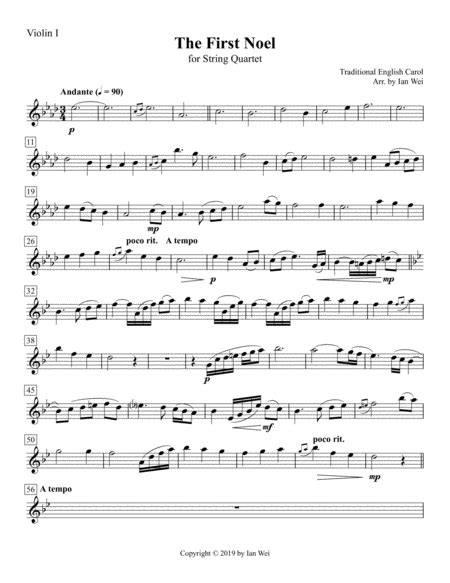 The First Noel For String Quartet Arr Ian Wei Sheet Music Traditional English Carol