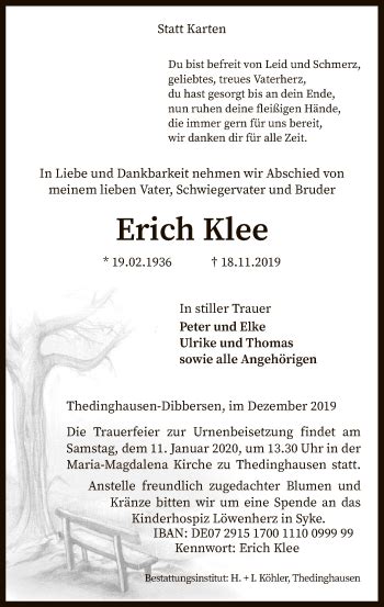 Traueranzeigen Von Erich Klee Trauer Kreiszeitung De