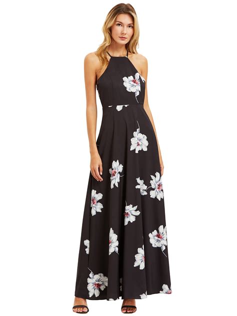 Black Floral Print Halter Neck Maxi Dress Shein Sheinside