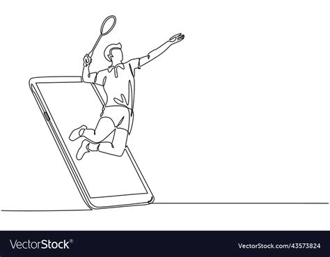 Single One Line Drawing Man Badminton Player Jump Vector Image