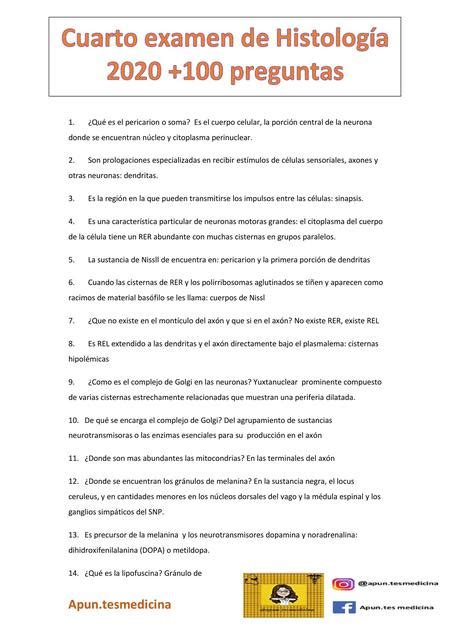 Cuarto Examen De Histolog A Preguntas Apun Tesmedicina Udocz