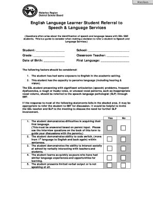 Fillable Online Corp3 Wrdsb Referral For ELL Student To Speech And