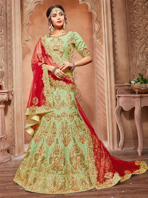 Green Pure Silk Designer Heavy Embroidered Lehenga The Traditional