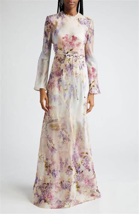 Zimmermann Luminosity Floral Print Long Sleeve Silk Satin Dress Nordstrom